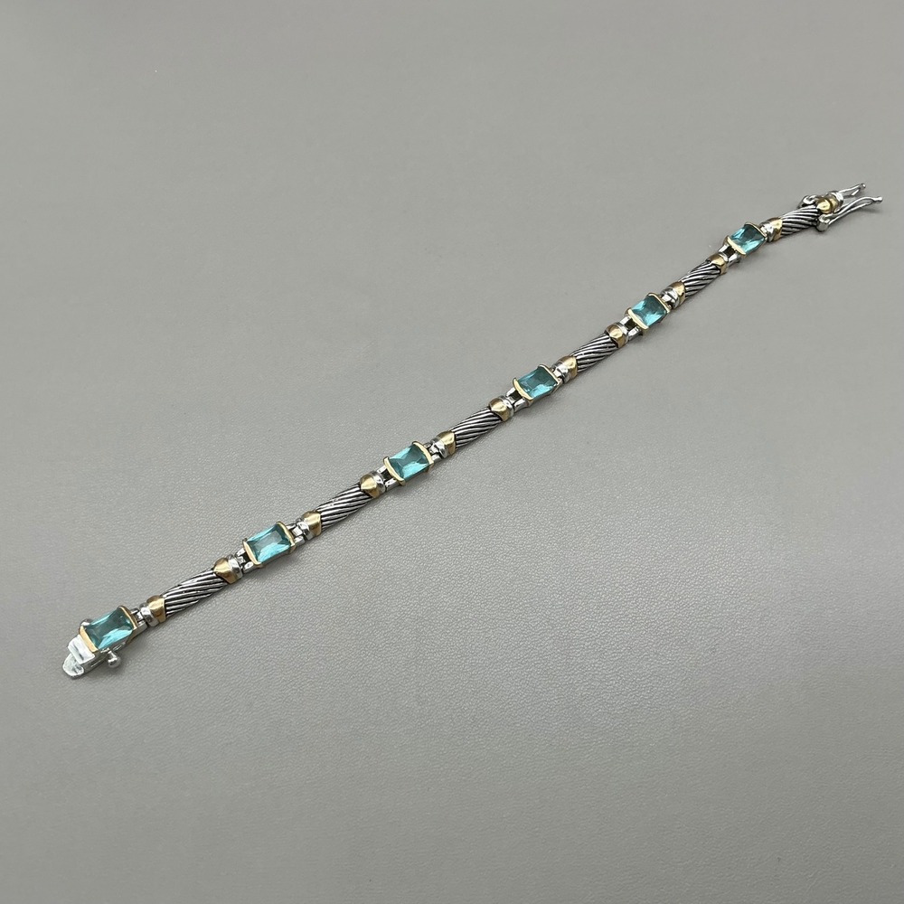 Two Tone Cable Link Bracelet Women Blue Topaz Glass Emerald Cut Fashion Jewelry